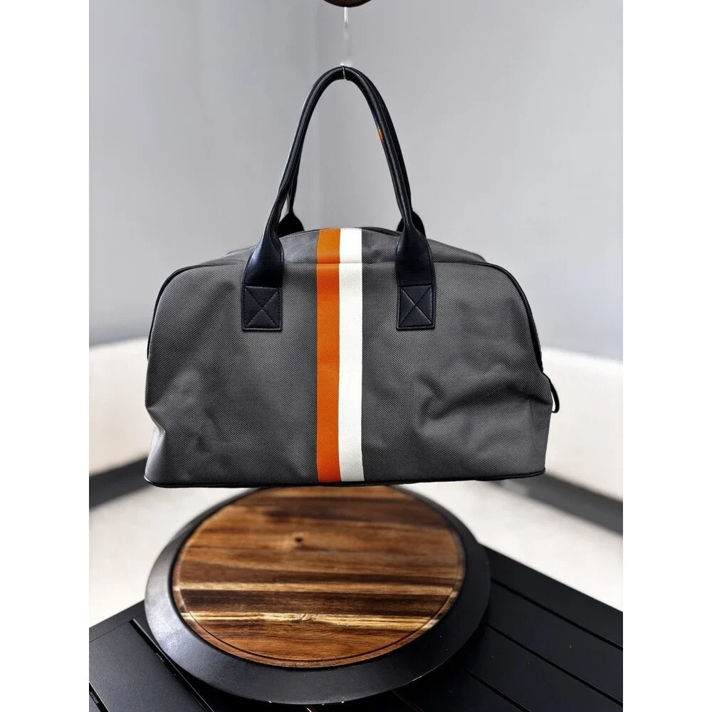 Grey Canvas Weekender Duffle Bag Retro Racing Stripe Travel Overnight Carry On